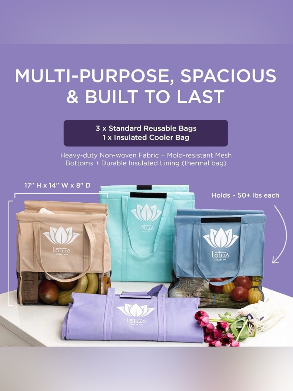 Lotus Trolley Bags Reusable Grocery Cart Bags |4-Pack Shopping Bag Organizer NWT - Picture 3 of 13